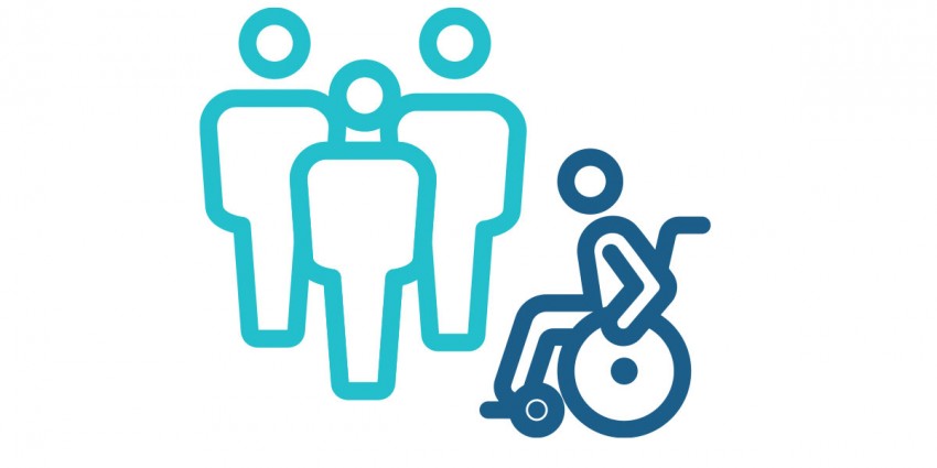 Graphic design of four people, one in a wheelchair.
