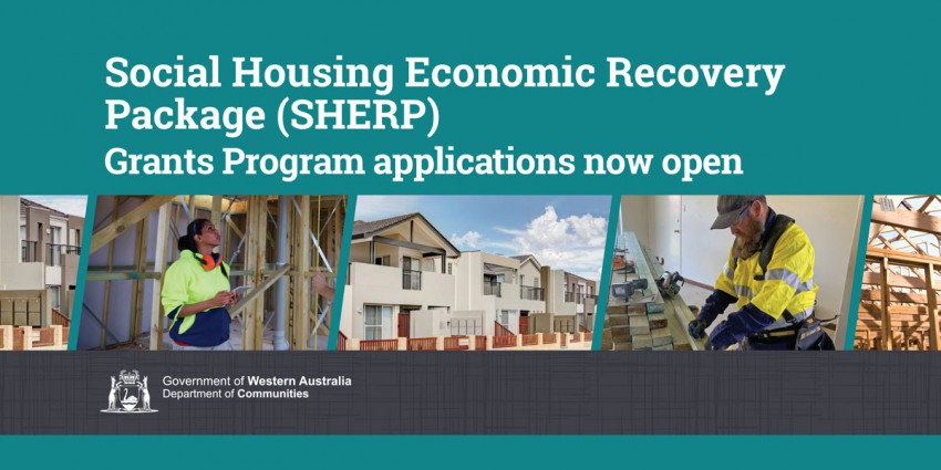 Banner text which reads Social Housing Economic Recovery Package, SHERP, grants program applications now open.