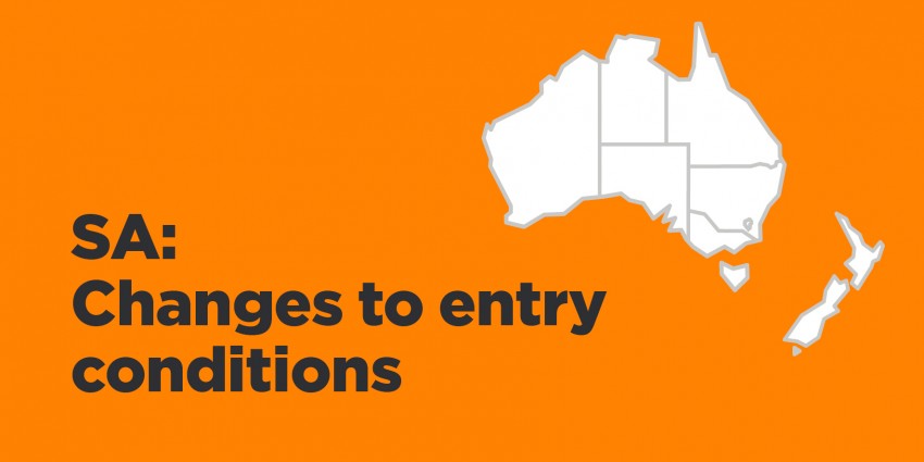 Map of Australia including NZ on an orange background explaining SA has moved to low risk