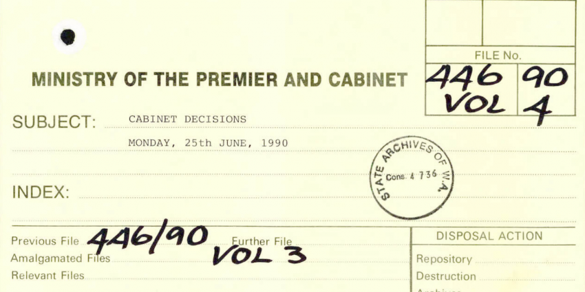 File cover used by Ministry of the Premier and Cabinet