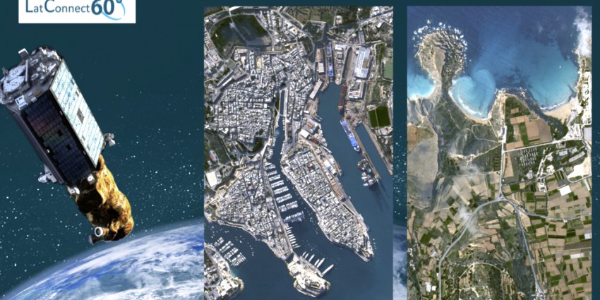 Aerial images of land and coastline and an image of a satellite.