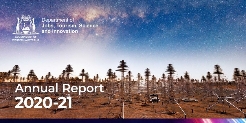 A picture of the Square Kilometre Array featuring the JTSI logo and the text Annual Report 2020-21