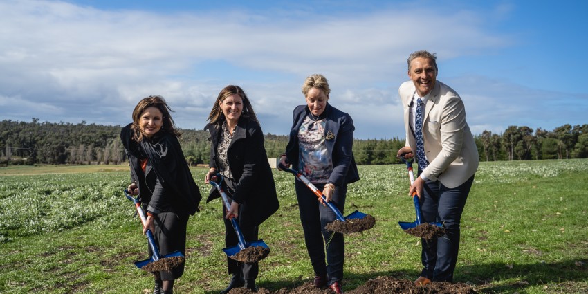 Alannah MacTiernan pictured with a shovel heaped with soil as she turns the sod for a new medicinal cannabis facility near Collie