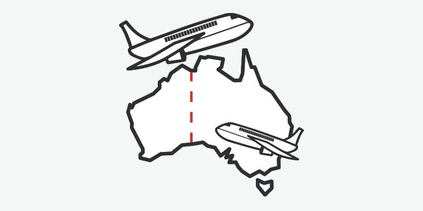 Graphic showing map of australia with a red dashed line where WA's border is, with planes coming in and out of the state.