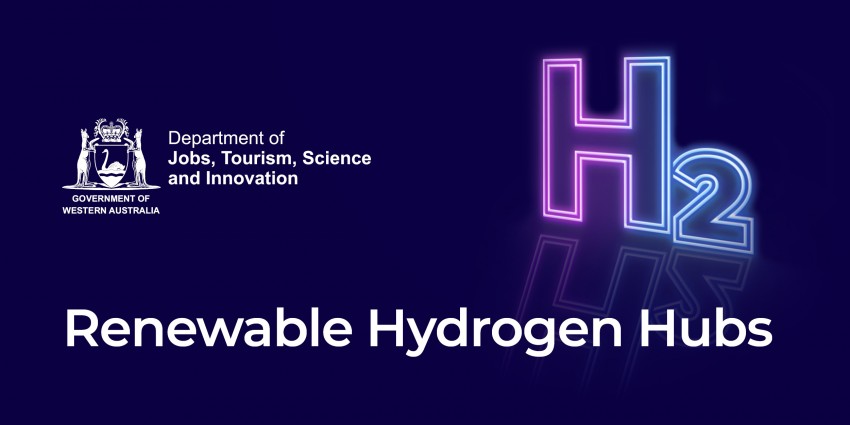 A blue tile that features the text Renewable Hydrogen Hubs along with the hydrogen symbol H2 and the State government crest