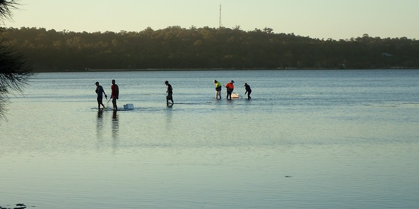 People standing knee deep in water fishing for crabs