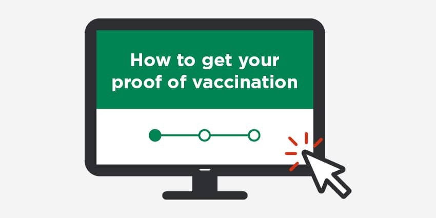 A graphic of a computer screen with text displaying how to get proof of vaccination.