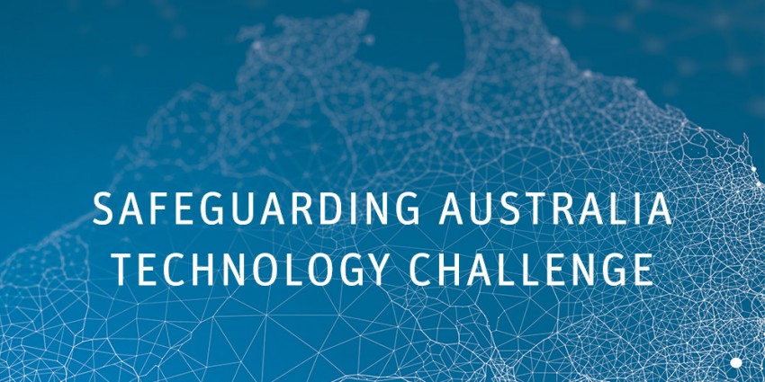Render of Australian continent displaying words Safeguarding Australia Technology Challenge