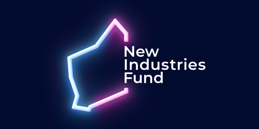 A logo featuring the text New Industries Fund superimposed over a glowing map of Western Australia