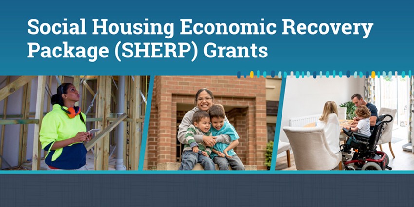 Image of people and houses, with the words Social Housing Economic Recovery Package (SHERP) Grants