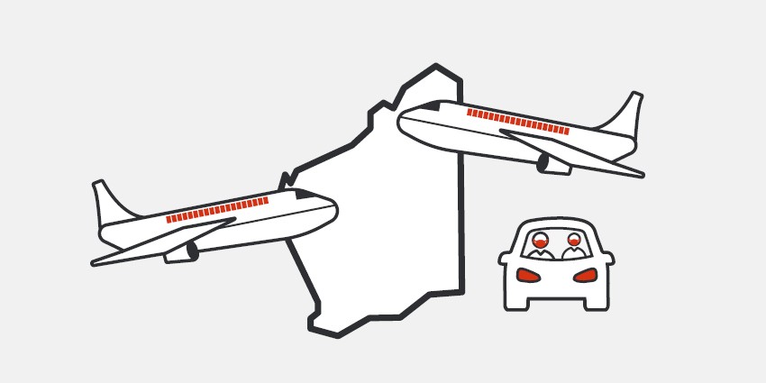 A graphic showing a plane and car travelling to WA