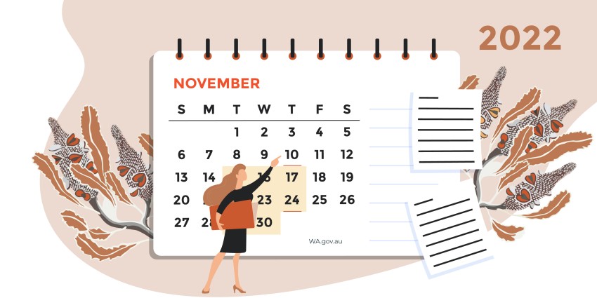 Graphic depicting calendar and a person pointing on dates