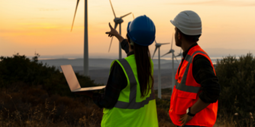 Two people are looking at a windfarm