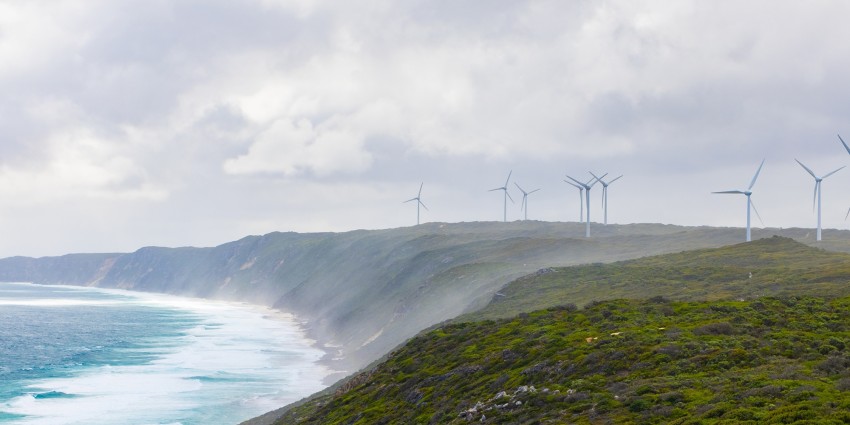 Image of the ocean in Albany with wind farm in the background