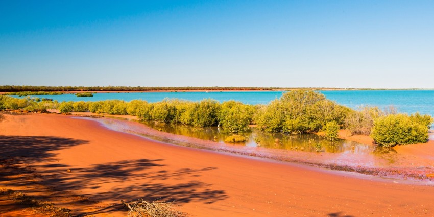 Image of Colourful seascape, with layers of red sands, green mangroves, turquoise water and clear blue sky