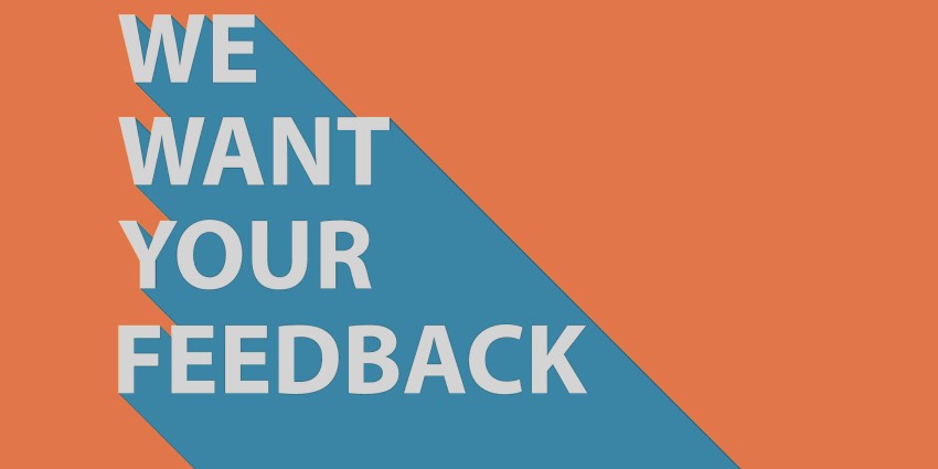 We want your feedback sign in branded colours orange and teal