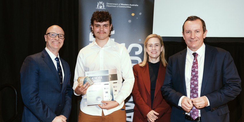 Community Spirit winner Jett Higgins with Mike Rowe, Minister McGurk and Premier McGowan.