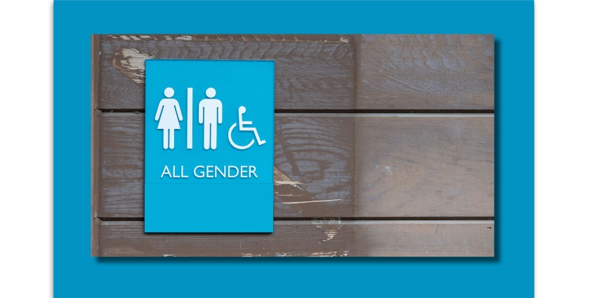 All gender facilities sign in teal blue