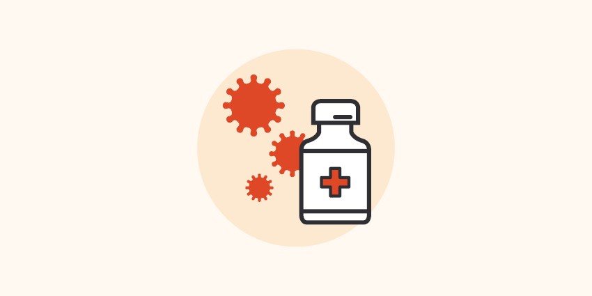 Web graphic with red coronovirus spike protein icons and a medicine bottle with a red cross on it