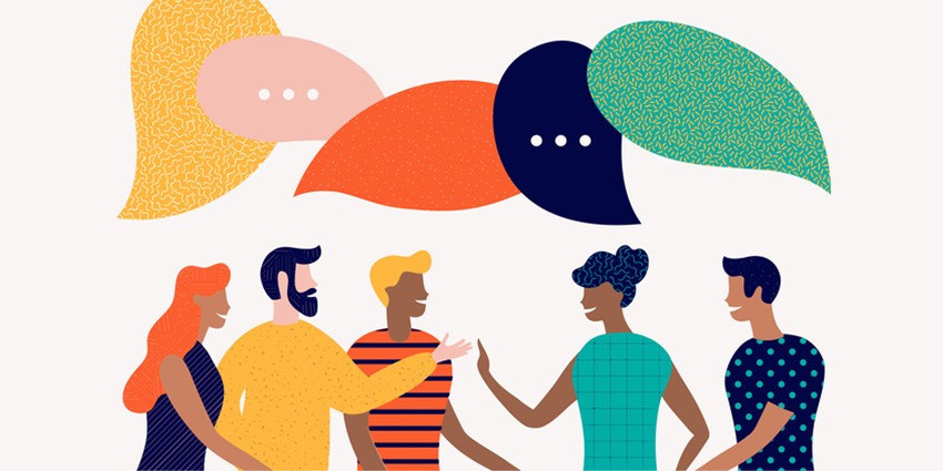 Illustration of people interacting, colourful speech bubbles hovering on top of them. 