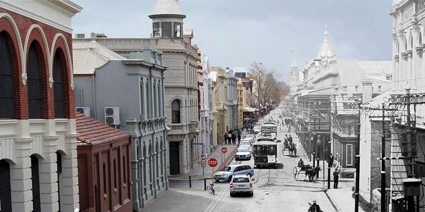 the street of Perth divided in the middle with colours on the right, and black and white on the right