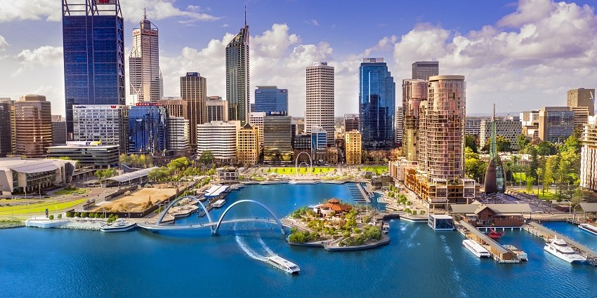 Perth skyline showing Elizabeth Quay from the air