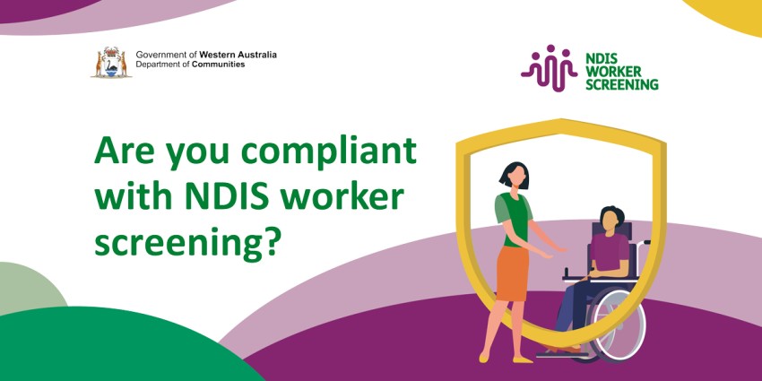 graphic illustration of two people socialising with text title saying 'Are you compliant with NDIS screening?'
