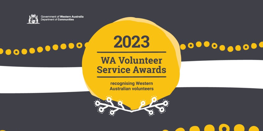 yellow and grey Aboriginal artwork illustration with heading reading '2023 WA Volunteer Service Awards', and subheading reading 'recognising Western Australian volunteers