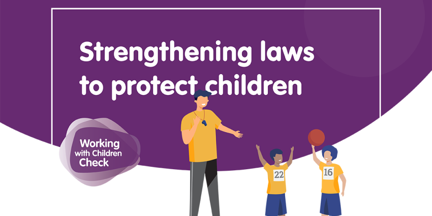 Illustration of a basketball coach and two children, with text which reads strengthening laws to protect children.