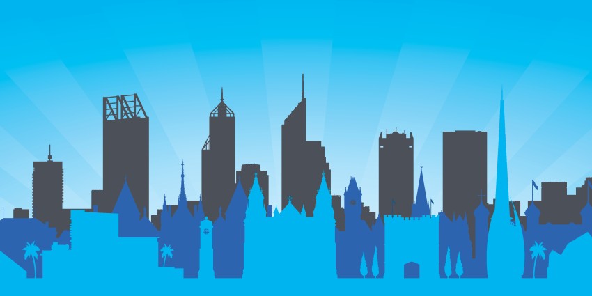 blue shapes of city buildings arranged as a skyline