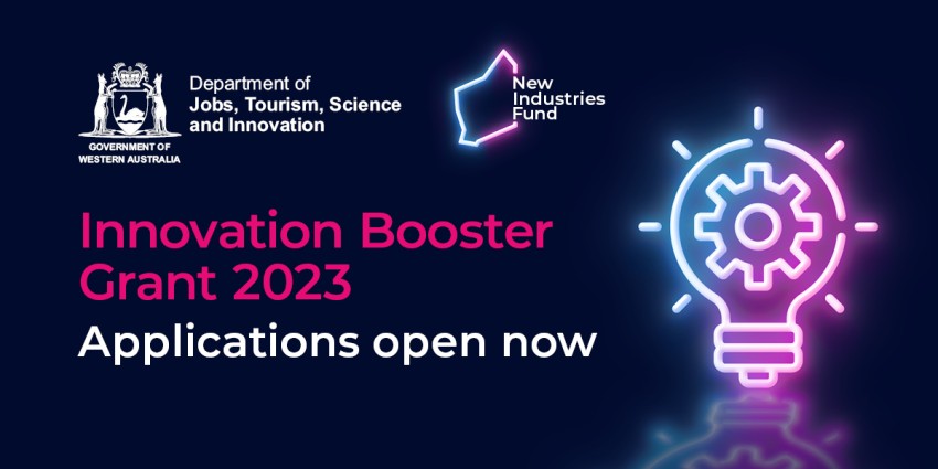 Graphic for the Innovation Booster Grant 2023 with image of a light bulb