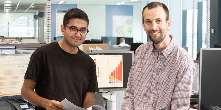 Research scientist Sud Kharel and business analyst Christophe D'Abbadie standing in DPIRD office.