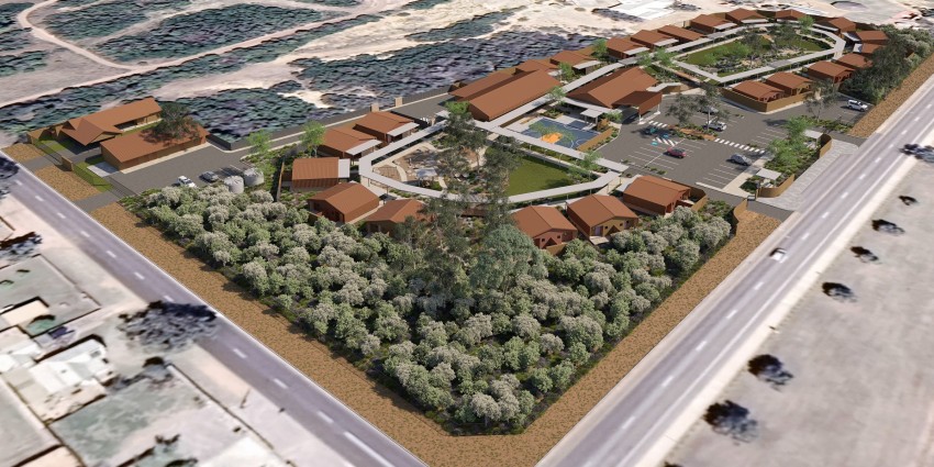 Artist impression of the proposed Geraldton Aboriginal Short Stay Accommodation - aerial shot 