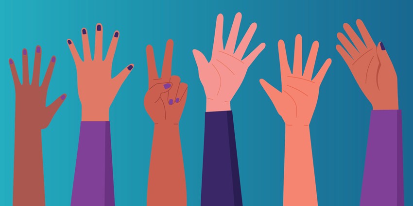 graphic of a group of women's hands raised in the air