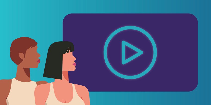 graphic of the international women's day video tile featuring women and a play icon
