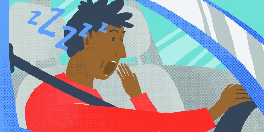 a drawing of a man behind the wheel, yawning