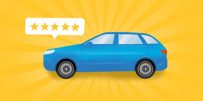 a blue car on a yellow background, with a speech bubble containing five stars