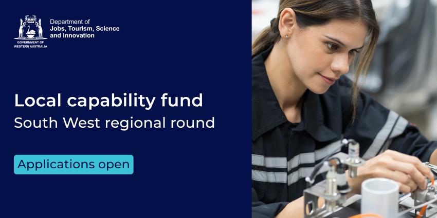 A blue background with text that reads "Local Capability fund, south west regional round. Applications open." next to the text is an image of a woman working on an electric device.