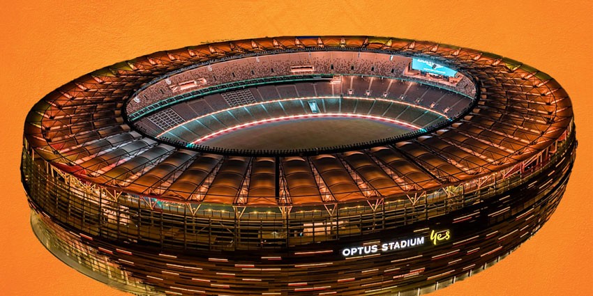 Image of Optus Stadium lit in orange 