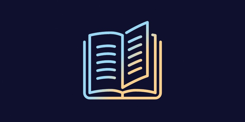 Icon outline of an open book in blue and yellow against a navy background