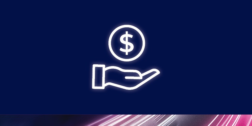 On a navy blue background is an icon of a hand holding a dollar sign