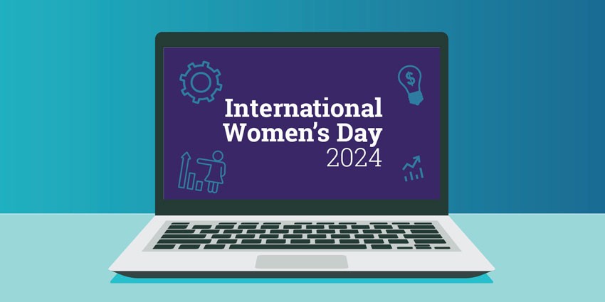 colourful graphical artwork a computer with the words International Women's Day 2024