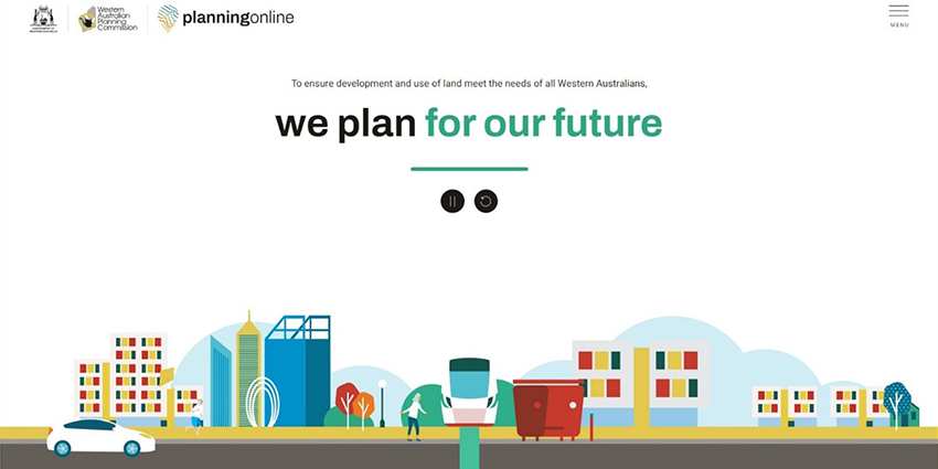 An image of the new Planning Online website homepage. The main text on the page says: we plan for our future, above a minimalist illustration of a diverse commercial and residential skyline. There is a road in the foreground with a car on the left of screen, with a woman boarding a train in the centre.