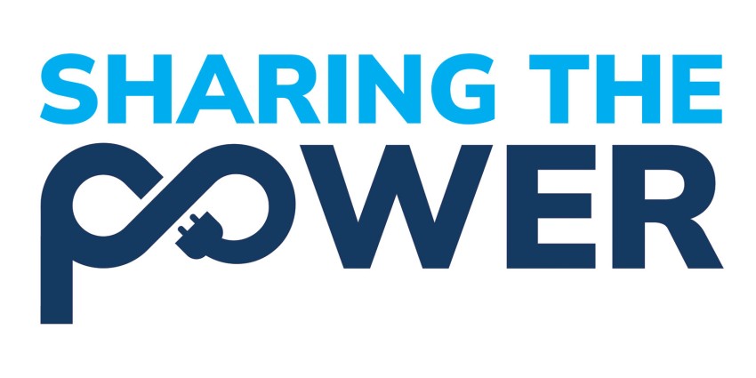 sharing the power text logo blue on white background