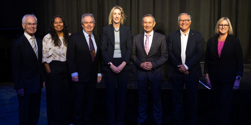 Speakers at the SES Spotlight event in March 2024: Peter Kennedy; Jillian Collard; Distinguished Professor John Phillimore; Emily Roper PSM; WA Premier Roger Cook; Professor Emeritus Geoff Gallop; and Public Sector Commissioner Sharyn O'Neill PSM. 