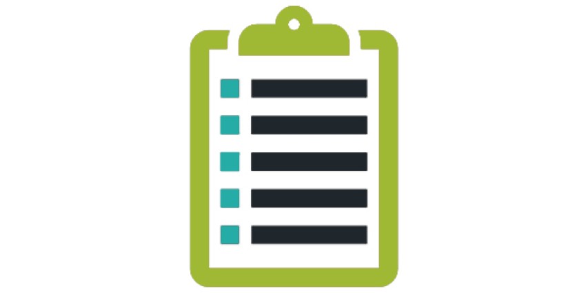 Green rectangle featuring a list of black lines with teal coloured dots