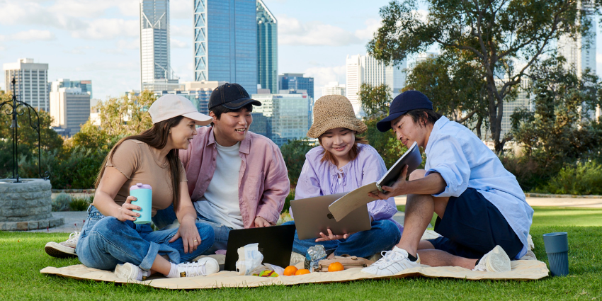 a group of friends having a picnic with a view of the city skyline behind them, looking at laptops and notebooks