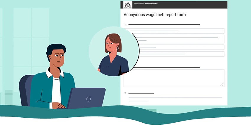 Animated graphic of a person accessing an anonymous wage theft form on a laptop