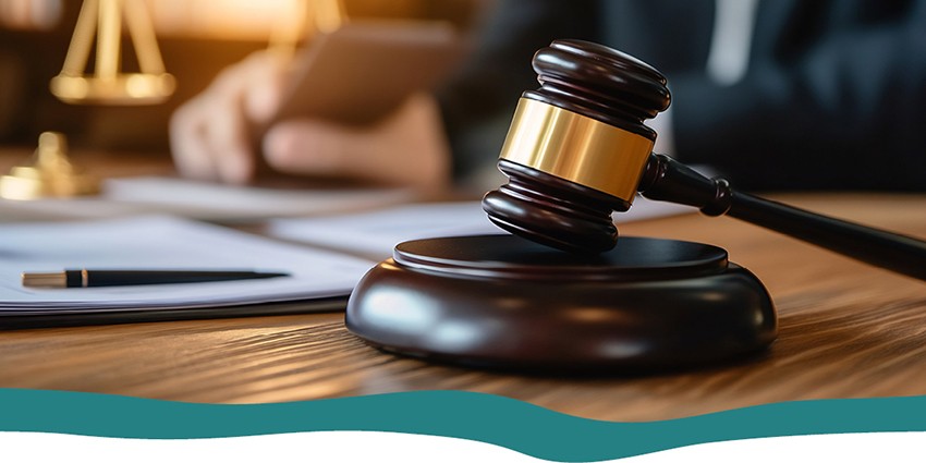 Justice Scales, books and a wooden gavel 