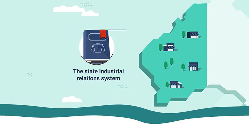 Graphic of Western Australia with a book that says "The state industrial relations system"